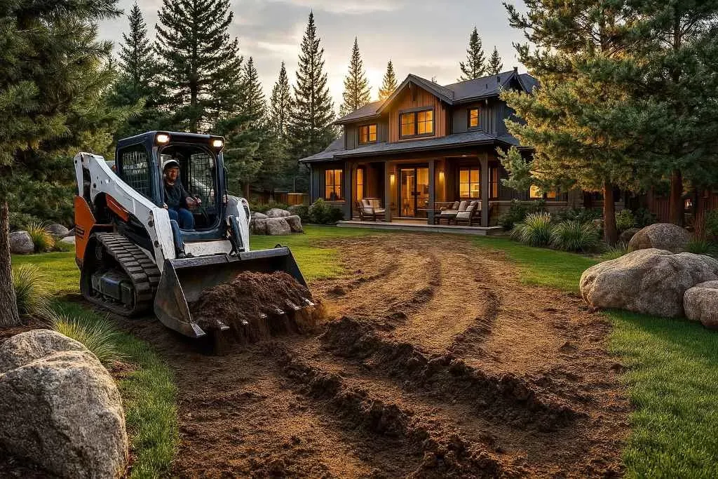 Excavating soil and organic material before turf installation