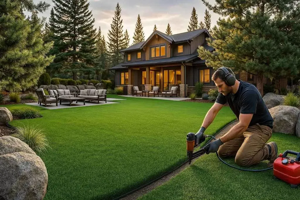 Securing turf edges with nails along perimeter edging