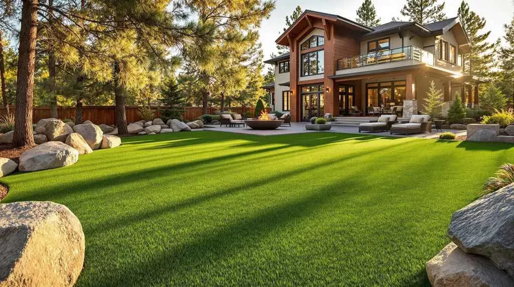 Finished artificial turf lawn beside planting beds in Colorado