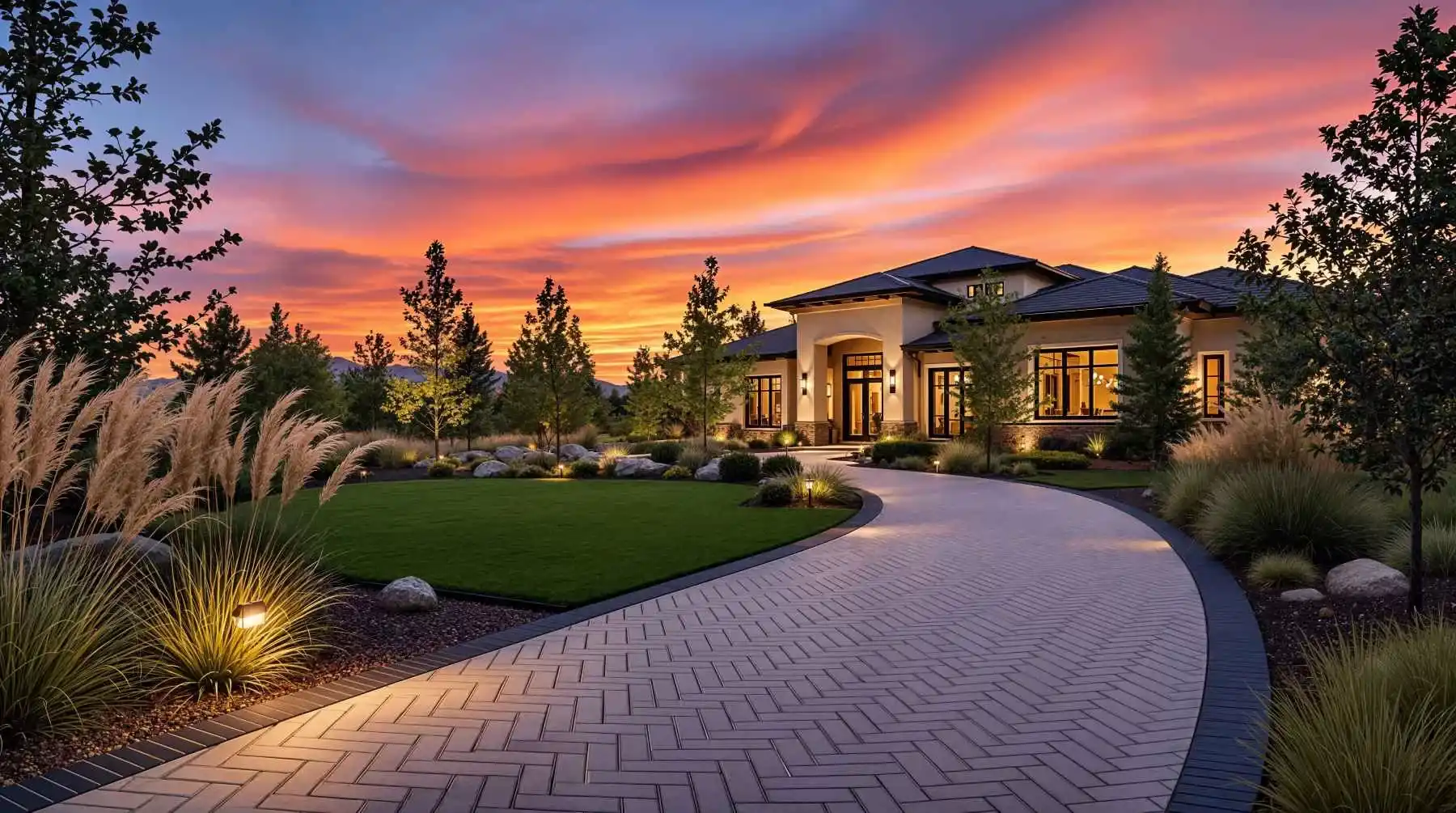 Custom paver driveway and landscape lighting at a Colorado home at sunset