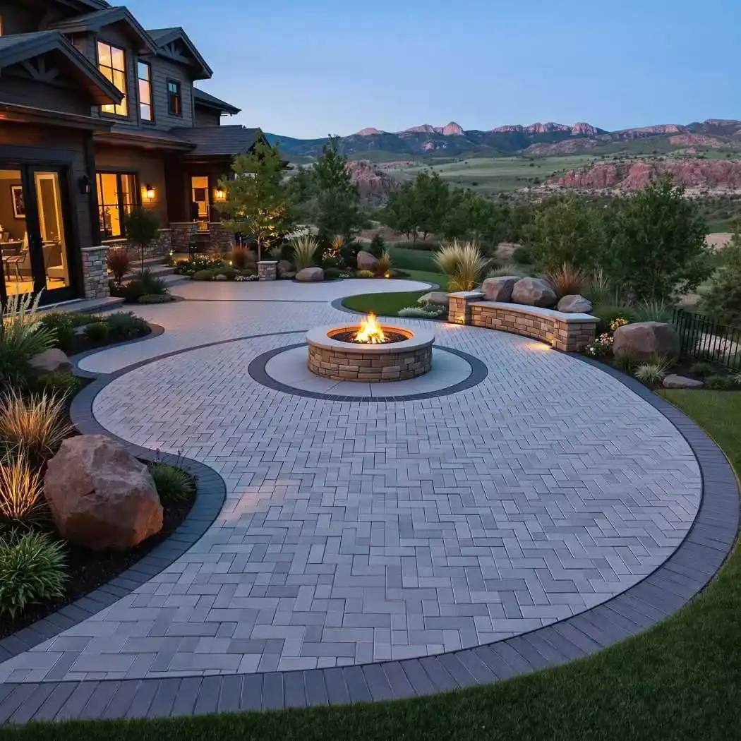 Paver patio with a built-in fire pit and curved seating area