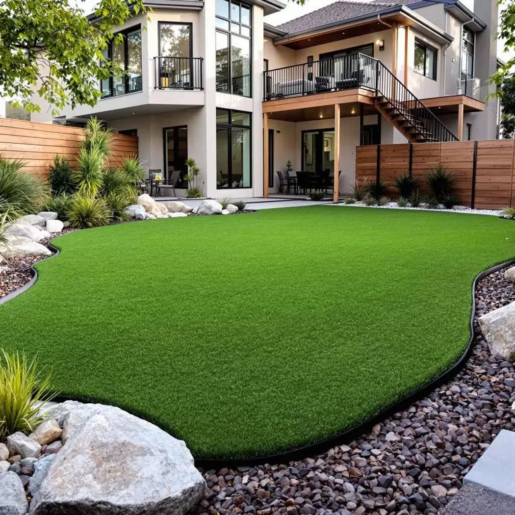 Defined green turf area with curved edging beside a landscaped yard