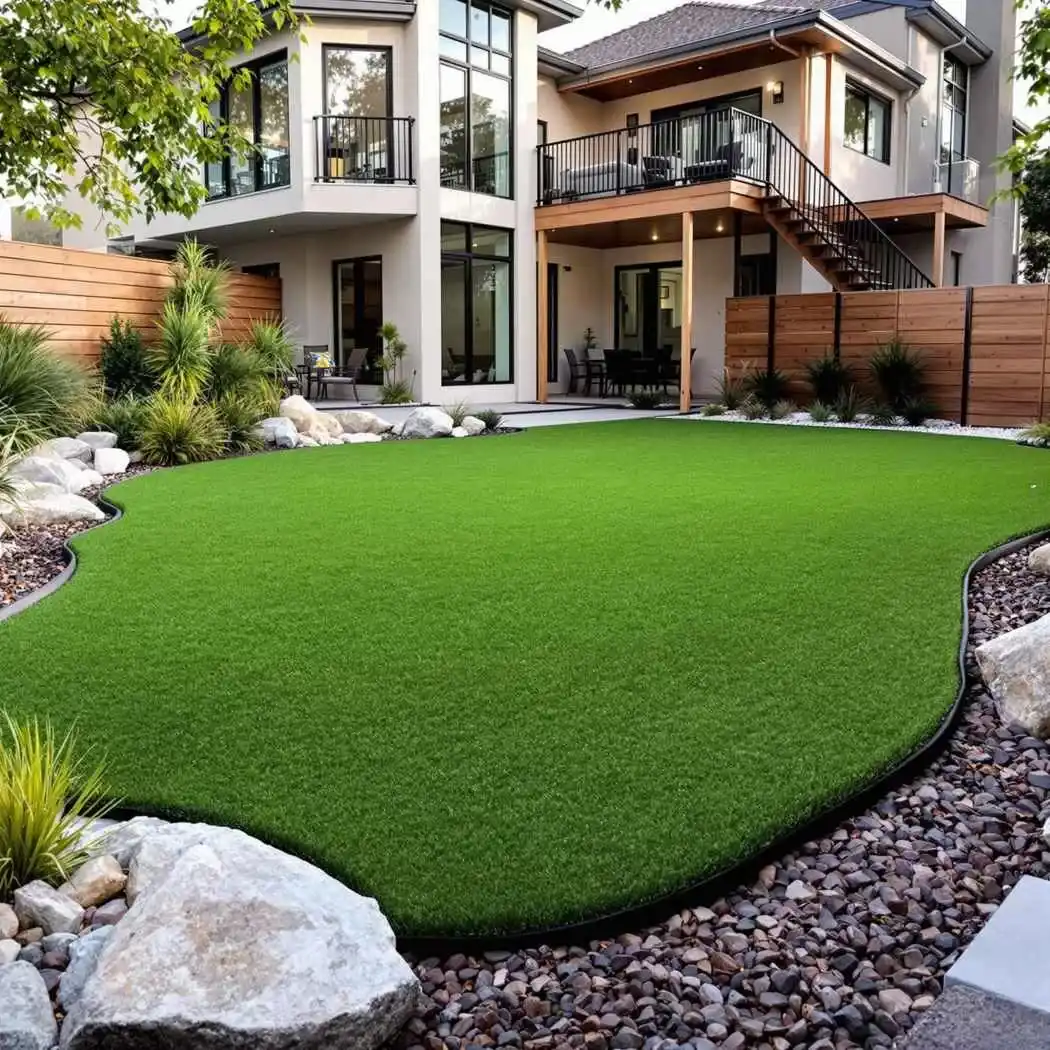 Artificial turf lawn with curved edging and planting beds