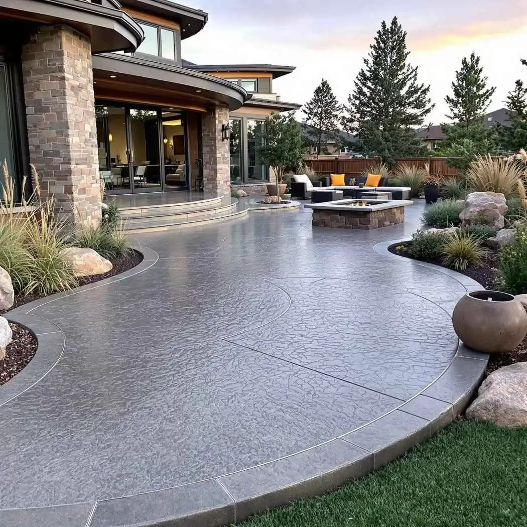 Concrete patio and curved walkway in a finished landscape