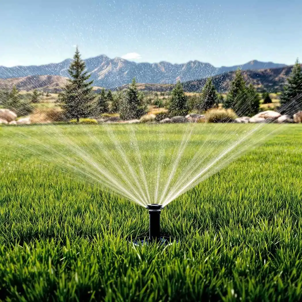 Sprinkler irrigation watering a landscaped lawn