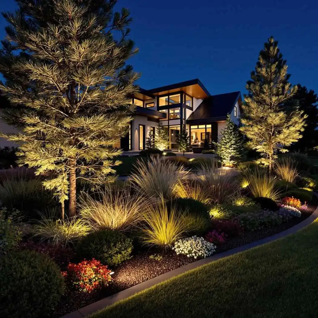Landscape lighting illuminating trees and planting beds at night