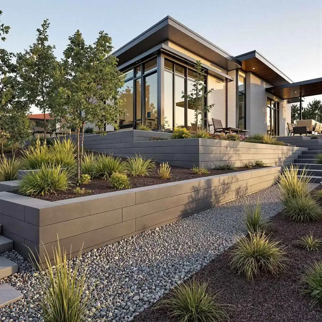 Tiered block retaining walls with landscaped planting beds