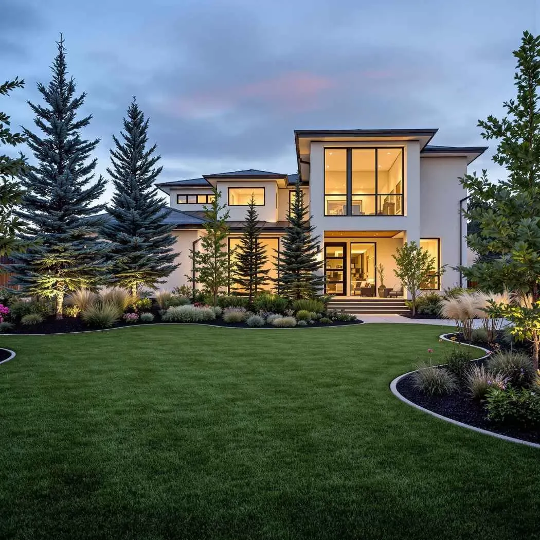 New sod, trees, and planting installed in a residential landscape