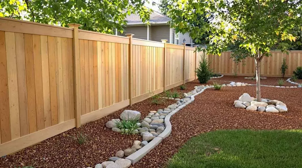 Wood privacy fence beside lawn, mulch, rock, and planting in a finished yard